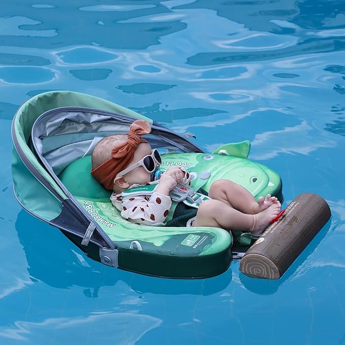 Mambobaby Float Add Tail Baby Swim Float with Canopy Solid Pool Infant Swim Trainer Swimming Training Lying Air Free Water Floats Non-Inflatable Waist Swim Ring for Toddlers (Crocodiles)