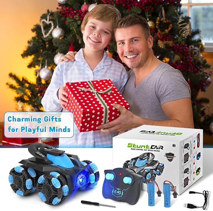 Eulogia RC Stunt Car for Boys 5-12, High Speed 360° Rotating, Drift 4WD Remote Control Car with Headlights, 2.4GHz Electric Rechargeable Race Stunt Toy Car for Boys Girls Birthday (Blue)