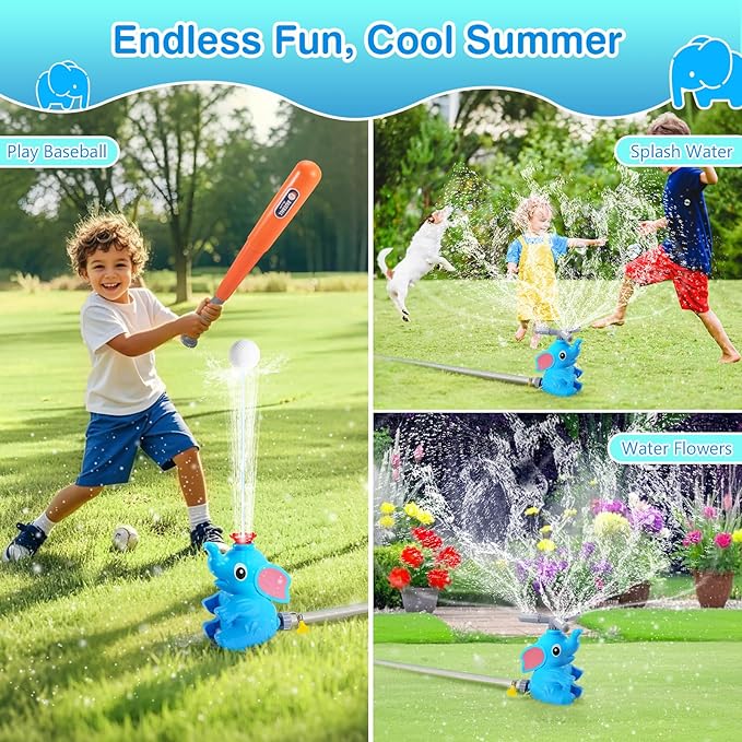 MoKo Water Sprinkler Baseball Toy for Kids Outdoor Play, 2 in 1 Baseball Water Games, 360° Rotatable Yard Sprayer Sprinkler, Toddler Outdoor Toys for Backyard Garden Lawn Pool, Blue Elephant