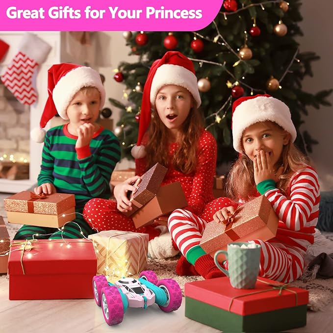 Remote Control Car for Girls Pink RC Car Double Sided 360°Flip Stunt Car with Headlights, Girl Princess Toys Rechargeable Toy Car for 6-7 6-8 9 10-12 Year Old Girls Birthday