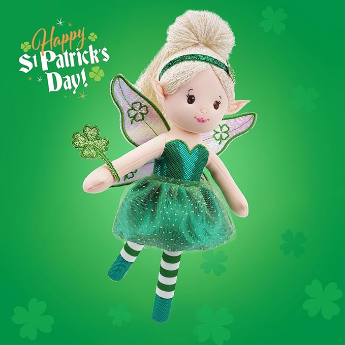June Garden 12" Enchanted Garden Fairy Doll Clover - Plush Stuffed Soft Doll Girl Gift - Green Outfit and Wings