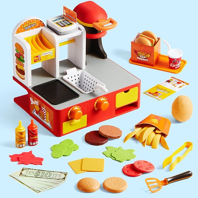Play Kitchen Toddler Toy - 40+ PCS Fast Food Station with Potato Cutter, Simulated Frying Effect & Lights, Order & Drink Station - Pretend Play Food Toy Birthday Gift for Boys Girls