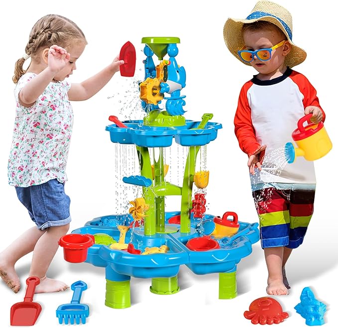 deAO Sand and Water Table Beach Toys Outdoor Activities Play Table for Kids Sand Pit Water Table Children Garden Toy Beach Play Activity Set Indoor Outdoor Summer Toys for Girls Boys Kids