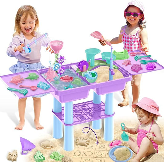 deAO Water Table for Toddlers 3-5, Kids Play Water 2 in 1 Sand and Water Table with 2 Fishing Pool Toys, Summer Outdoor Pool Backyard Toys,Birthday Party Gifts for Boys Girls (Purple)