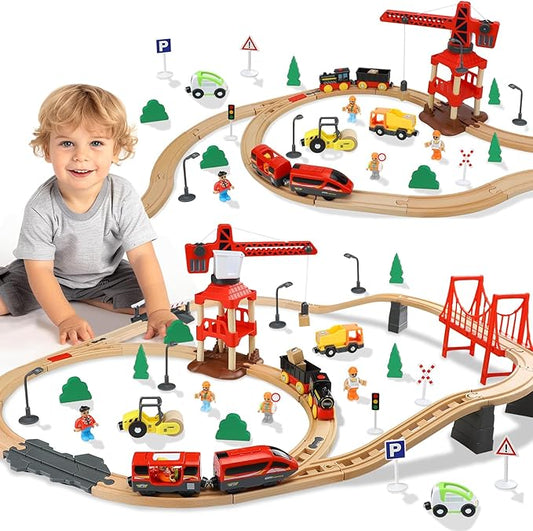 TOY Life 80pcs Wooden Train Set for Kids 3-8, Compatible with Thomas, Brio, Fits HO Scale, Modern Style, Unisex, Ages 3+