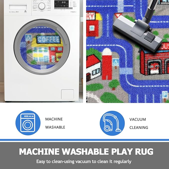 Capslpad Blue Car Road Kid Rug Carpet Playmat for Playoom Traffic Road Kids Play Mat for Toddler Non Slip Washable City Map Race Track Carpet Rug for Kids Room Bedroom Nursery Room Decor,6.6'x6.6'