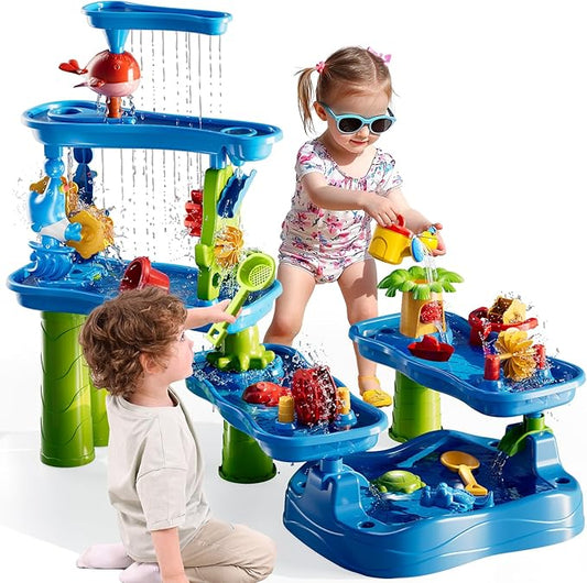 5-Tier Water Table for Toddlers Kids 3-5 4-8, Sand and Water Play Set with Rain Showers Pond, Summer Outdoor Toys Beach Toys Water Sensory Table, Birthday Party Gifts for Kids Boys Girls