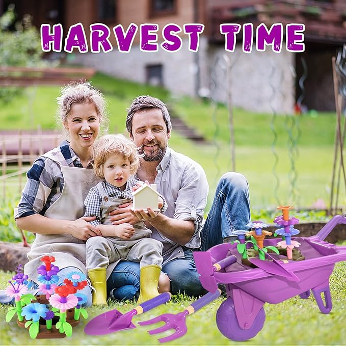 16Pcs Kids Gardening Tools Outdoor Toys Set Backyard Play with 93 PCS DIY Flower Garden Building Preschool Activities (Purple)