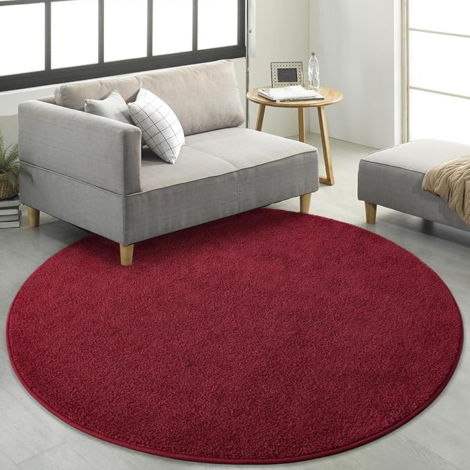 FlyDOIT Round Area Rugs for Bedroom Living Room, 6x6 Rose Red Super Soft Comfy Thickened Memory-Foam Indoor Circle Carpets, Modern Aesthetic Minimalist Carpet for Boys Girls Adults Nursery Home Décor