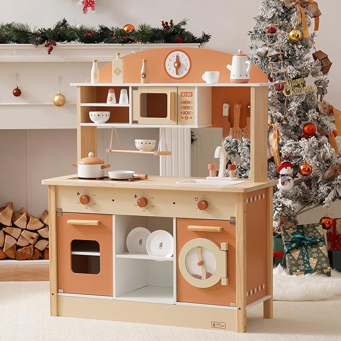 ROBUD Wooden Play Kitchen for Kids Toddlers, Kids Kitchen Playset with Realistic Accessories, Toy Kitchen Set with Plenty of Play Features, Modern Style Toy Kitchen for Girls & Boys, 3+, Caramel