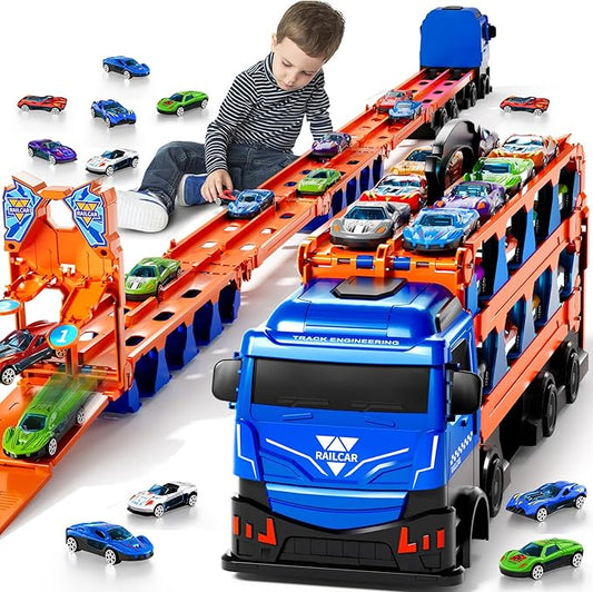 78.7-Inch Racing Car Track Truck Toy for Boys 2 3 4 5 6 7 Years Old - Transport Carrier Trucks, Foldable Tracks Storage, 12 Die-cast Car, Gifts for Toddlers and Kids Aged 3-5