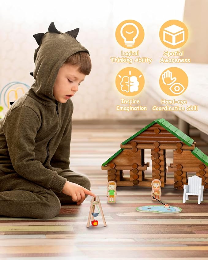 SainSmart Jr. 214 PCS Wooden Logs Cabin Set Ages 3, Building Log Gift for Boy/Girl, Creative Construction Engineering Educational Toy, Vacation Chalet