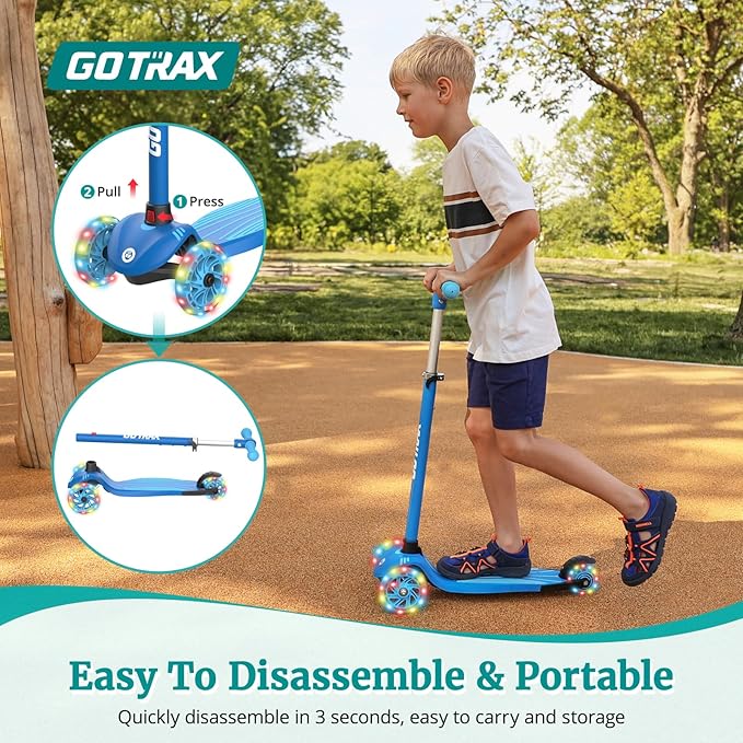 Gotrax KS1 Kids Kick Scooter, LED Lighted Wheels and 3 Adjustable Height Handlebars, Lean-to-Steer & Widen Anti-Slip Deck, 3 Wheel Scooter for Boys & Girls Ages 2-8 and up to 100 Lbs