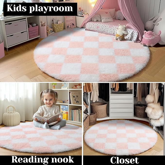 KICMOR Pink Round Rug 4ft for Girls Bedroom, Fluffy Soft Circle Area Rug Cute Small Living Room Carpet, Indoor Fuzzy Shag Shaggy Checkered Circular Rugs for Kids Room Nursery Home Decor Aesthetic