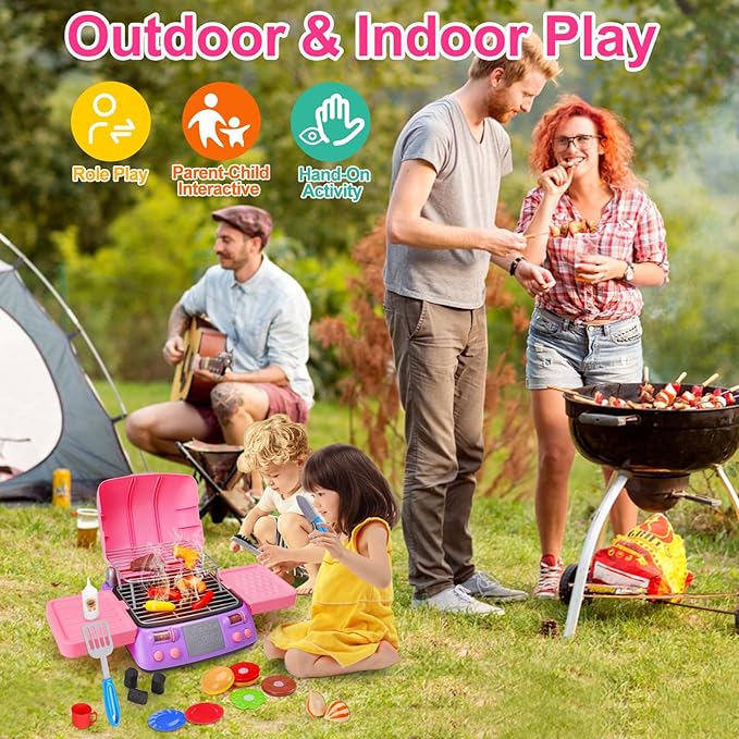 Kids BBQ Grill Playset Kitchen Toy Set with Pretend Smoke Sound Light Toddler Girls Pink Play Food Ages 2-4 3-5 4-8 Indoor Outdoor Cooking Barbecue Toys for 2 3 4 Year Old Girl Birthday Gift