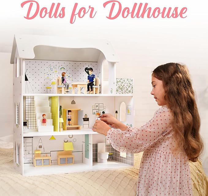 Family Dollhouse People - Doll House People Figures - 5 Poseable Action Figures Incl. Mom, Dad, Sister, Brother, Toddler - Small Dolls for Dollhouse - Dollhouse Dolls (Family)