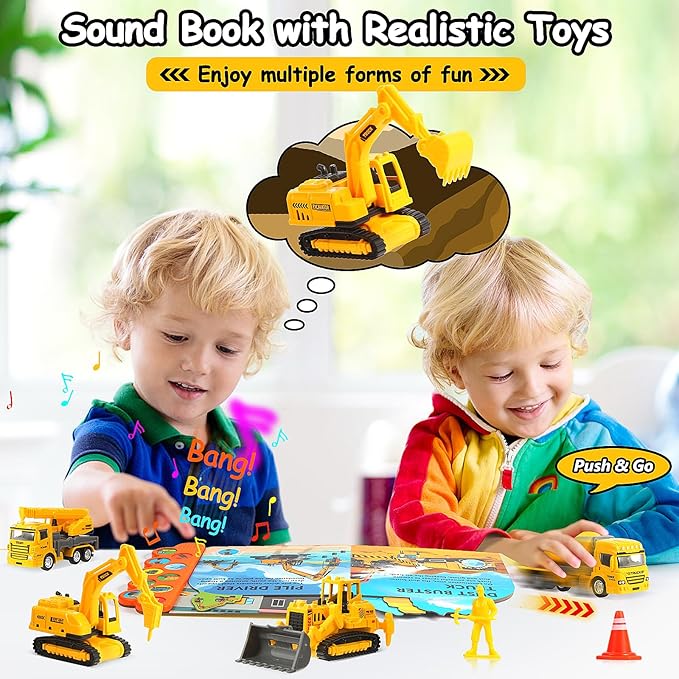 Construction Toys with Sound Books - Dig It! Dump It! Build It! Construction Board Book with 10 Buttons & 20 PCS Toys for 3+ Year Old, Great for Little Alloy Truck Lovers Kids