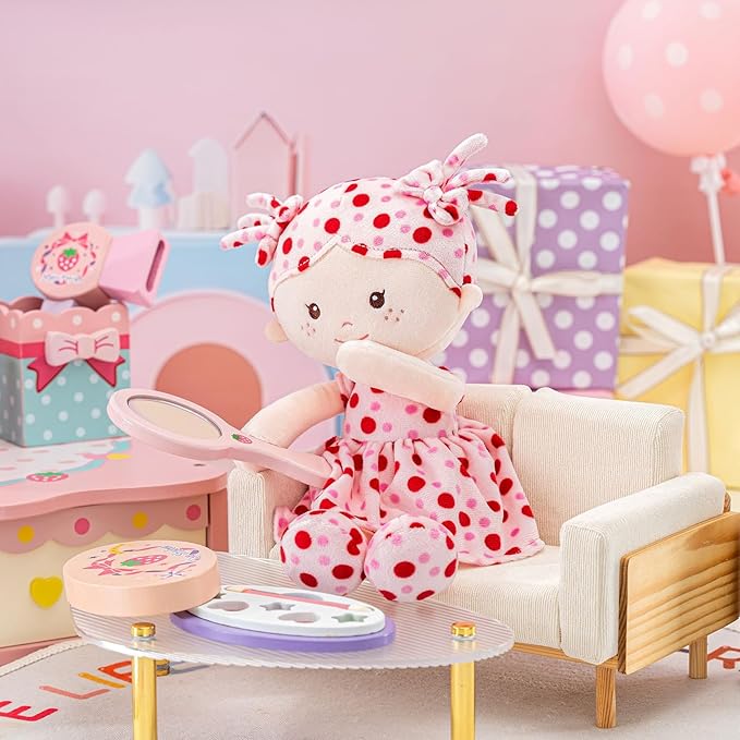 Onetoo First Baby Doll Soft Baby Doll for Girls Plush Rag Doll Sleeping Cuddle Buddy Doll Wear Pink Dress Red Polka Dot 14"