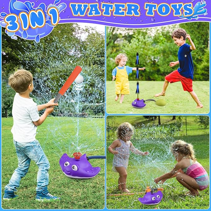 3 in 1 Water Baseball Summer Toys Sprinkler for Kids, Toddler Outdoor Toys Sprinklers for Yard with 2 Sprinkler Heads, 360° Roating Water Toys Attache to Garden Hose Backyard Pool Party Outdoor Games