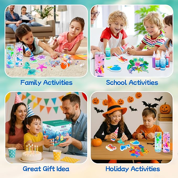 Make 3 Sensory Bottle, Glow-in-The-Dark Magic Gel Water Fairy Toy, DIY 100+ Aqua Water Squishy kit with 18 Shape Molds, 100ml Gels, 5L Bucket, Shell, Glitter, Pom-Poms, Arts Crafts for Kids