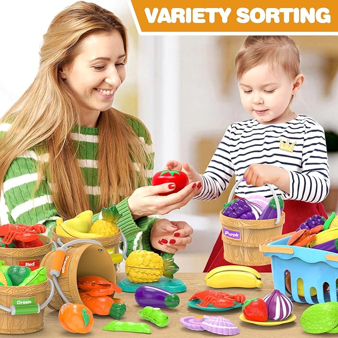 Sorting Play Food Sets - 5 Buckets with Handle, 1 Storage Basket, Cutting Fake Food Toys for Kids Kitchen, Pretend Play Accessories for Toddler, Preschool Learning Educational Birthday