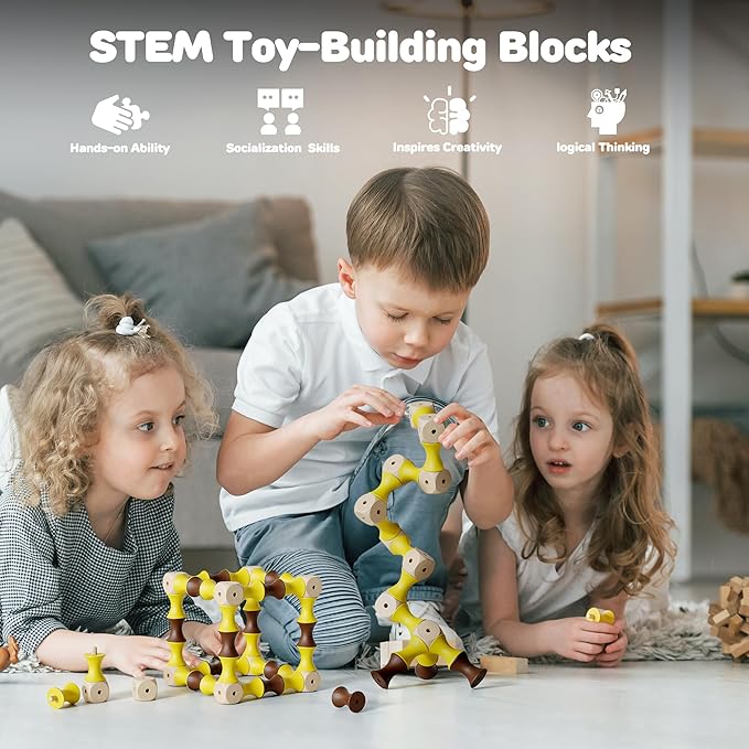 TZJ201, Wooden Building Blocks for Kids, 60Pcs SPINING Stacking Blocks, Durable & Safe Wood, STEM Learning Toys with Canvas Bag, Montessori Toys for Toddler 1-3, for Home, School, Travel