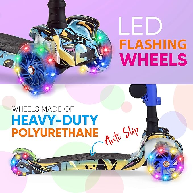 Hurtle 3-Wheeled Scooter for Kids - Wheel LED Lights, Adjustable Lean-to-Steer Handlebar, and Foldable Seat - Sit or Stand Ride with Brake for Boys and Girls Ages 1-14 Years Old