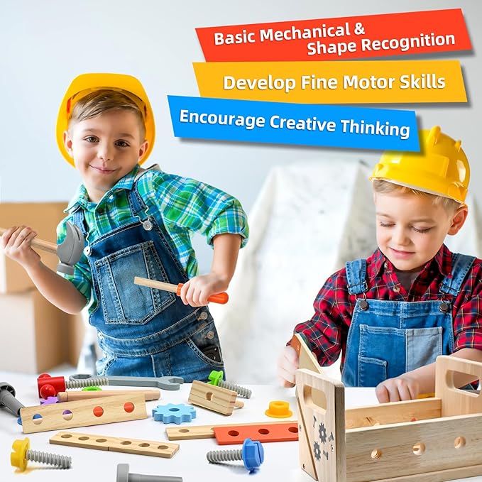 AiTuiTui Wooden Kids Tool Set, 29Pcs Montessori Toddler Toys with Tool Box, Educational Pretend Play Construction Stem Learning Toys for 2 3 4 5 Year Old Boy Girl, 1st Birthday Gifts