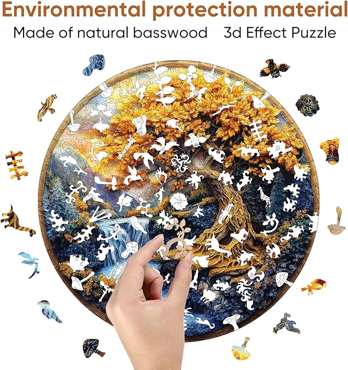 Wooden Puzzles for Adults, Tree of Life Waterfall River Wooden Jigsaw Puzzles 500pcs,16.5x16.5in, Royal, Unique Shape Adult Puzzles,Irregular Creative for Adults and Kids Family Game