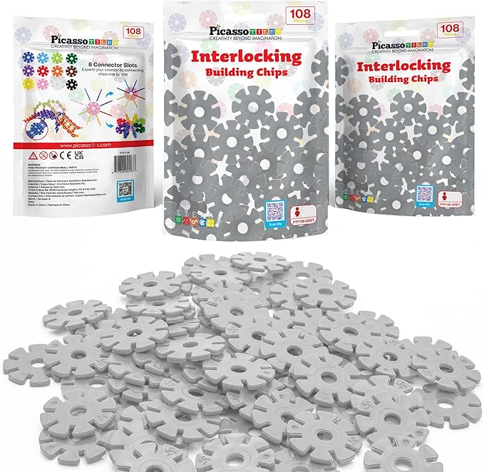 PicassoTiles Building Chip Interlocking Disc Construction Blocks in Gray Color STEM Learning Early Education Toy Engineering Playset Child Brain Development for Toddlers Girls Boys Kids Age 3+ PTF108