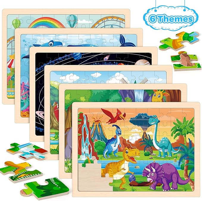 6 Packs Wooden Puzzles for Kids Ages 4-6, 60 Piece Wood Dinosaur Animals Jigsaw Puzzles for Toddlers Ages 3-5, Preschool Educational Learning Toys Gifts for 2 3 4 5 6 7 8 Boys Girls