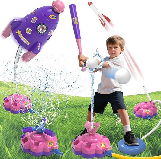 4-in-1 Water Sprinkler Baseball Toy for Kids, Outdoor Water Rocket Sprinkler Launch Toys for Yard, 4 Baseballs & Rocket Launcher Outside Lawn Pool Summer Game Gifts for Boys Girls Ages 3-8 8-12 (Pink)