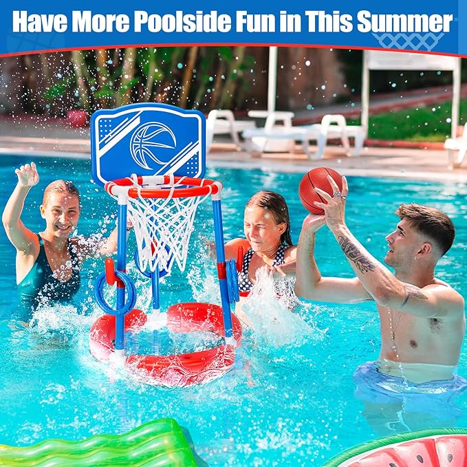 Pool Basketball Hoop, 2-in-1 Poolside Floating Pool Basketball Game, Swimming Pool Games for Kids Adults Indoor Outdoor Play, Water Play Toy Family Party, Includes Hoop, Balls, Pump, Backboard