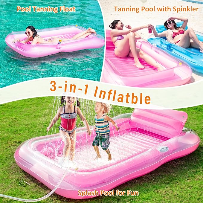 Inflatable Tanning Pool Lounger Float with Sprinkler, 78" x 48" Pool Floats Adult with Pillow, 3 in 1 Blow Up Tanning Bed, Suntan Tub Raft Floatie for Pools, Beach, Backyard Summer Water Party