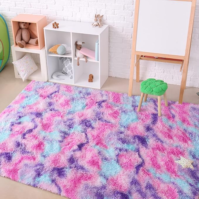 AROGAN Soft Rainbow Area Rugs for Girls Room 6x9 Feet, Fluffy Girls Bedroom Rugs, Princess Rug, Cute Colorful Carpet for Kids Teens Nursery Toddler, Hot Pink