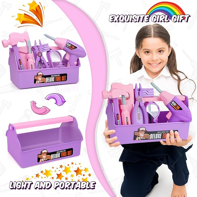 Kids Tool Set - Tool Box & Electronic Toy Drill, Pretend Play Kids Construction Tool Kit,18 Pcs Toddler Tool Set Birthday, for Boys, and Girls Ages 3 4 5 6 7 Year Old(Purple)