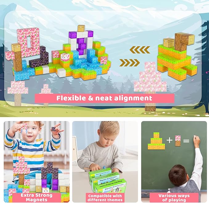Magnetic Blocks - 120PCS Toy Build Set, Magnetic Building Blocks STEM Sensory Toys, Creative Kids Gift for 3+ Year Old Boys Girls (Cherry Blossom)