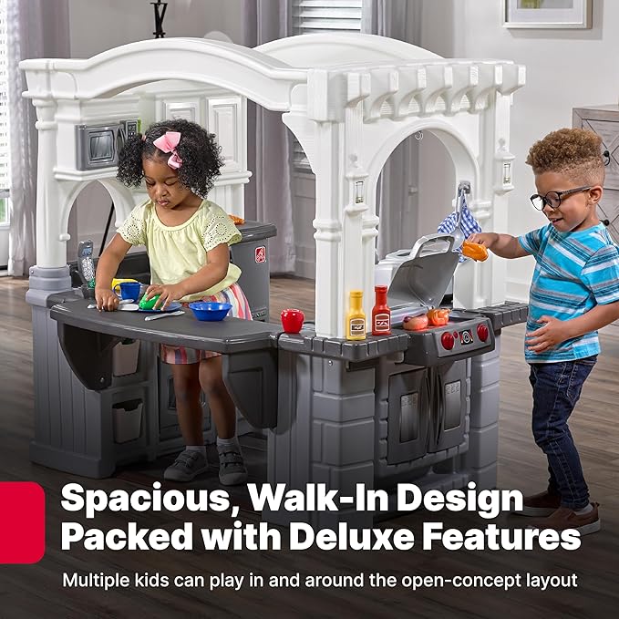 Step2 Grand Walk-in Kitchen & Grill Kids Playset, Indoor/Outdoor Kitchenette, Interactive Play with Lights and Sounds, Durable Plastic, 103 Piece Toy Accessories, Toddlers 2+ Years Old, Gray/White