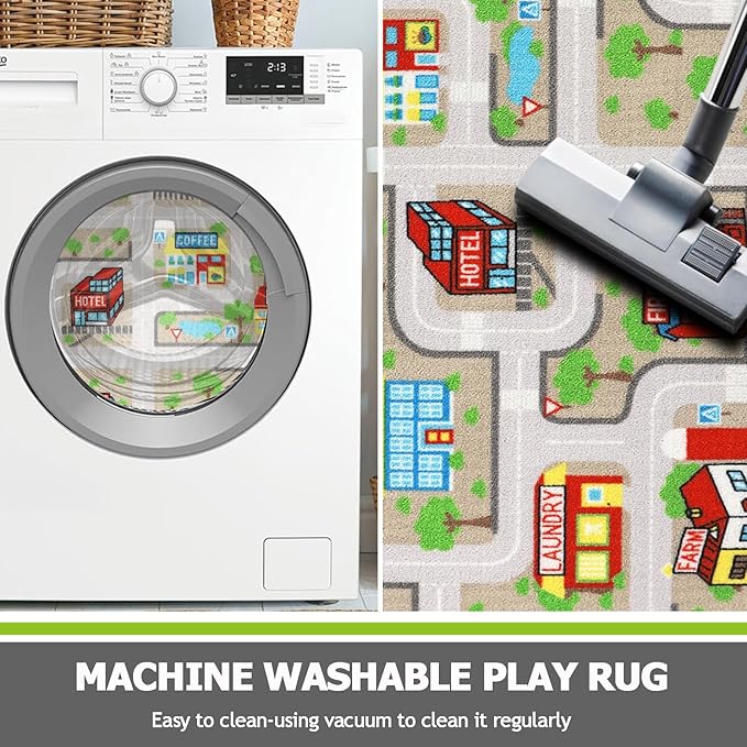 Capslpad Tan Car Road Kid Rug Carpet Playmat for Playoom Traffic Road Kids Play Mat for Toddler Non Slip Washable City Map Race Track Carpet Rug for Kids Room Playroom Classroom Decor,6.6'x9.8'