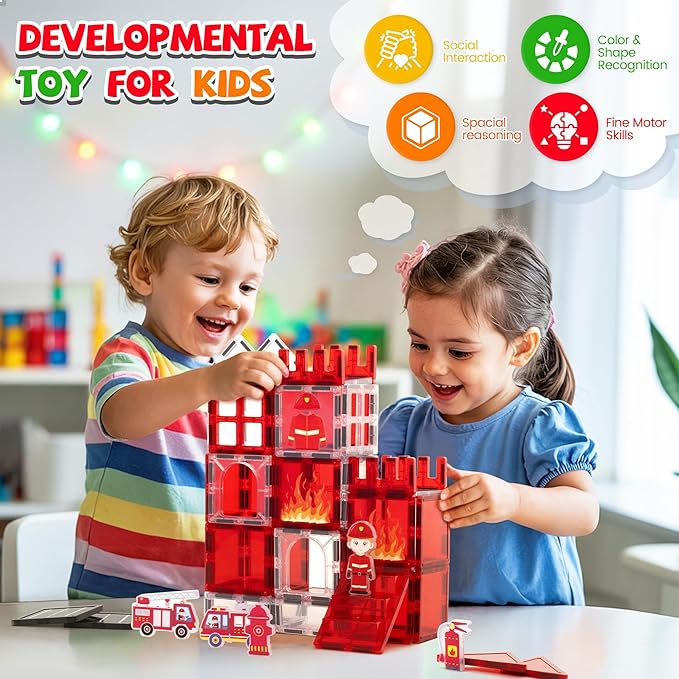 cossy Magnetic Tiles Firefighter Set, Magnetiles with Firefighter, Magnetic Tiles for Kids Ages 4-8, STEM Toys, Magnet Blocks for Boys and Girls, Creative Building Toys, Firefighter