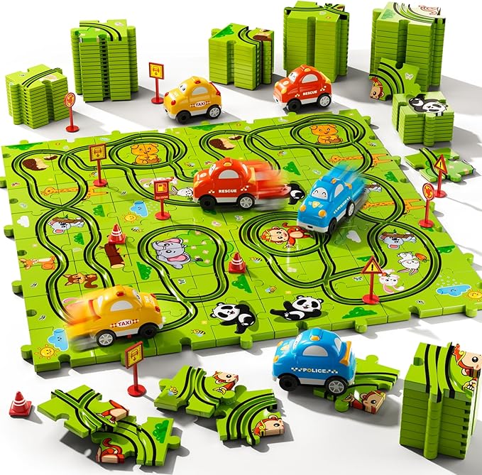 64 PCS Puzzle Race Track Car Set Toys for Kids Boys, Puzzle Tracks Car Toys for Boys Ages 3-5 4-6, Toddler Toys Gifts for 3 4 5 Year Old Boys, Ideal 3 4 5 6 Year Old Boys Birthday Gifts