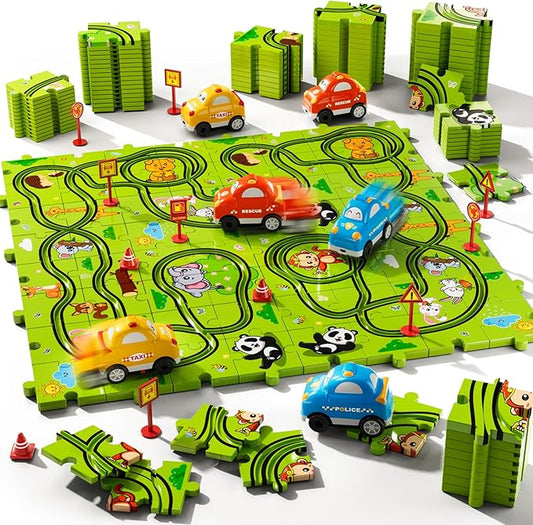 64 PCS Puzzle Race Track Car Set Toys for Kids Boys, Puzzle Tracks Car Toys for Boys Ages 3-5 4-6, Toddler Toys Gifts for 3 4 5 Year Old Boys, Ideal 3 4 5 6 Year Old Boys Birthday Gifts