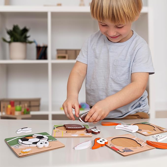 Wooden Puzzles for Toddlers 2-4 | Sports Puzzles | Wood Puzzles for Kids, Toddler Sports Toys for Toddlers, Basketball Toy, Football Toys, Baseball Toy, Soccer Toddler Puzzle 2 3 Year Old Boy