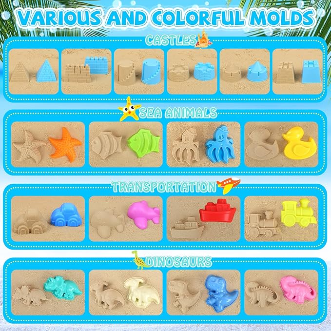 Beach Toys, 35Pcs Sand Toys with 3 Construction Vehicles, 3 Collapsible Beach Bucket, Sand Castle Building Kit, Sand Molds, Shovel Set, Mesh Bag, Travel Toys for Toddlers Kids Boys Girls