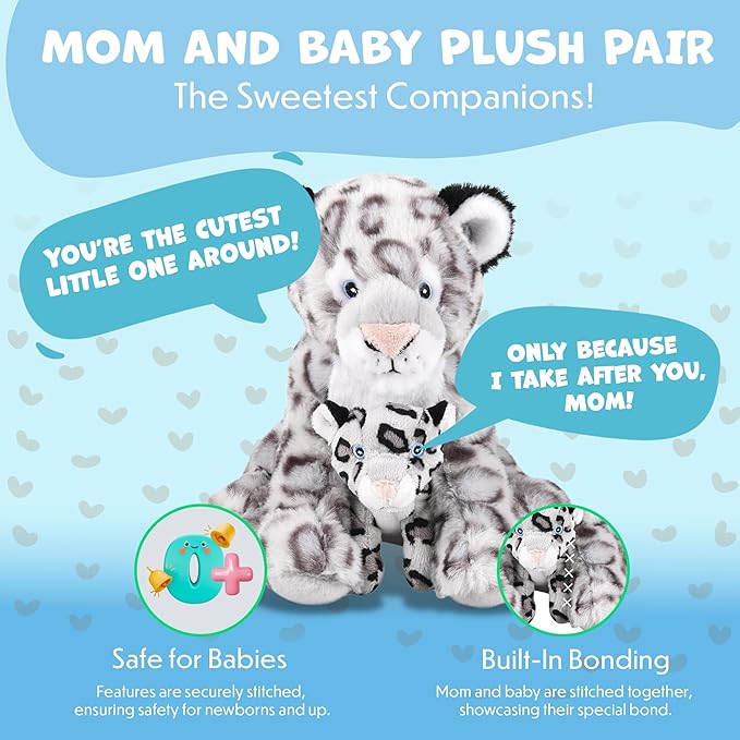Mom and Baby Stuffed Animals for Boys & Girls, Safari Baby Shower Decorations, Nursery Decor, Zoo Animals for Toddlers, Quality Realistic Toys for Kids, Cute, Soft, Huggable (9.5" Snow Leopard)