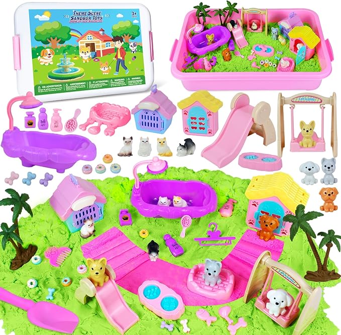 Pet Sensory Bin, Cat and Dog Sensory Bin for Toddlers Kids, Sensory Play Sand Art Kit Set with Sandbox & Tools & Pet Care Set, Indoor Outdoor Pretend Play Beach Toy Gift for Girls Boys 3 4 5 6 7 8