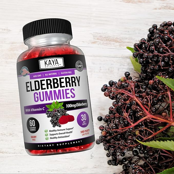 Kaya Naturals Immune Support - Powerful Immune & Healthy Antioxidant Vitamin Supplement Booster with Vitamin A, C, D & E, Elderberry, Zinc, Electrolytes, Non-GMO, Lemon Flavor (60 Gummies)