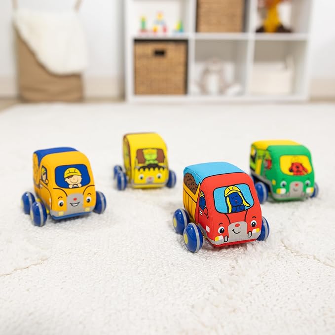 Melissa & Doug Pull-Back Construction Vehicles - Soft Baby Toy Play Set of 4 Vehicles - Cars For Infants, Construction Toys, Pull Back Cars For Babies Ages 9m+