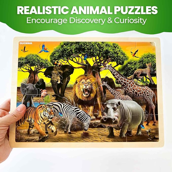 QUOKKA 4SET Puzzles for Kids Ages 4-6 - 48 Pcs Wooden Toddler Realistic Montessori Puzzles Ages 3-5 - Wild Animals Africa Ocean Farm Learning Games for Boys and Girls 4-8 Year Olds