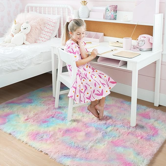 Amdrebio Rainbow Unicorn Colorful Kids Rugs for Girls Bedroom, 8x10 Fluffy Shag Area Rugs for Playroom Classroom, Large Pastel Room Decor Aesthetic, Cute Fuzzy Kawaii Princess Carpet for Baby Toddler